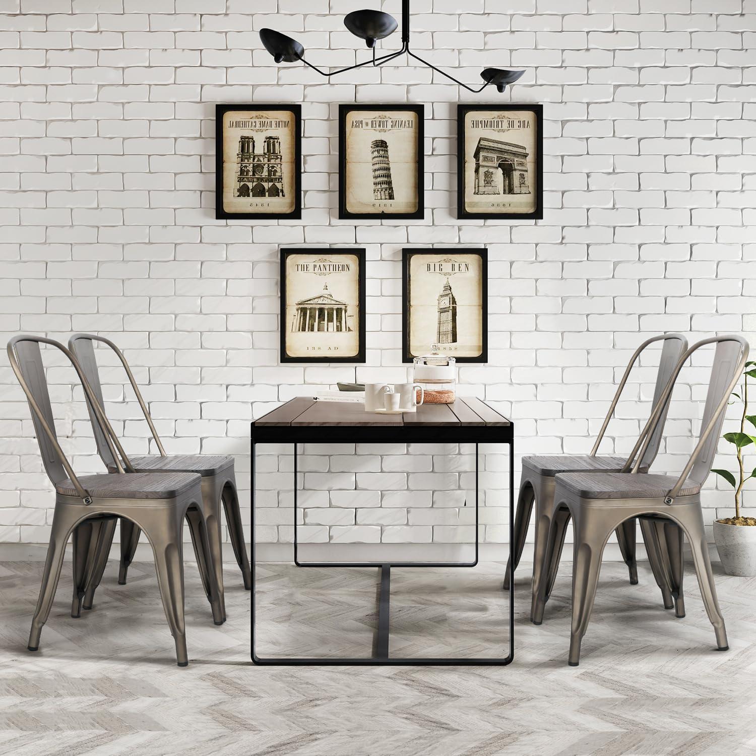 Yaheetech 4 pcs Metal Fir Wood Chairs Stackable Dining Chair Wooden Seat with Backrest Footrests Armless Stool for Home Trattoria Bistro Cafe Shop,Gun Metal