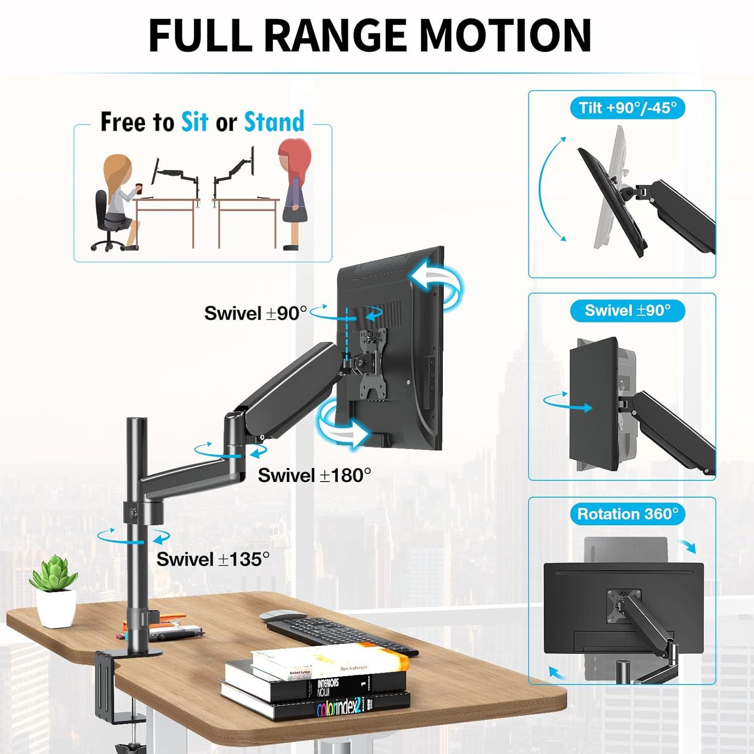 MOUNTUP Monitor Mount Desk Monitor Arm, Full Motion Gas Spring Single Computer Monitor Stand, Height Adjustable Monitor Desk Mount with C Clamp/Grommet Base, VESA Mount Fits 17 to 32 Inch LCD Screens