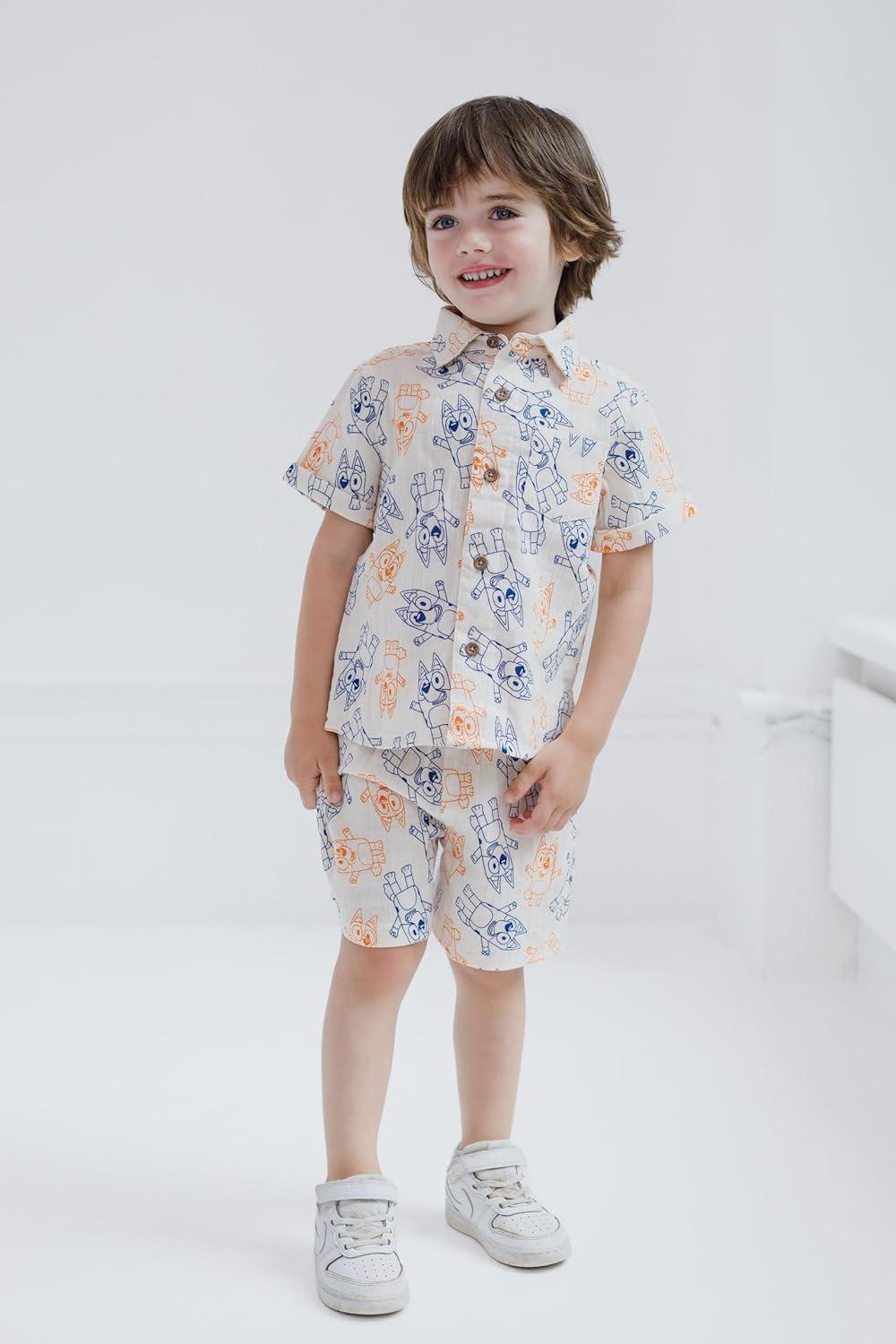 Bluey Bingo Little Boys Cotton Gauze Matching Family Button Down Shirt and Shorts Outfit Set Boy's Shorts Set 7-8