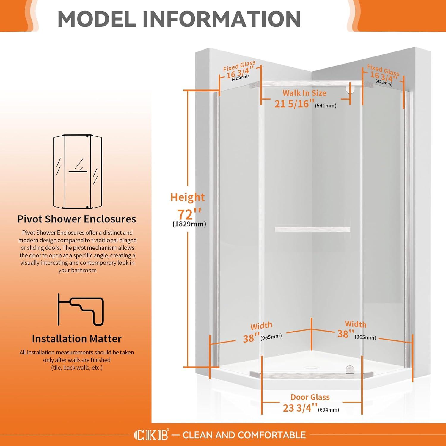 38" W x 38" D x 72" H Semi-Frameless Neo-angle Shower Door with Towel Bar and Fixed Panel