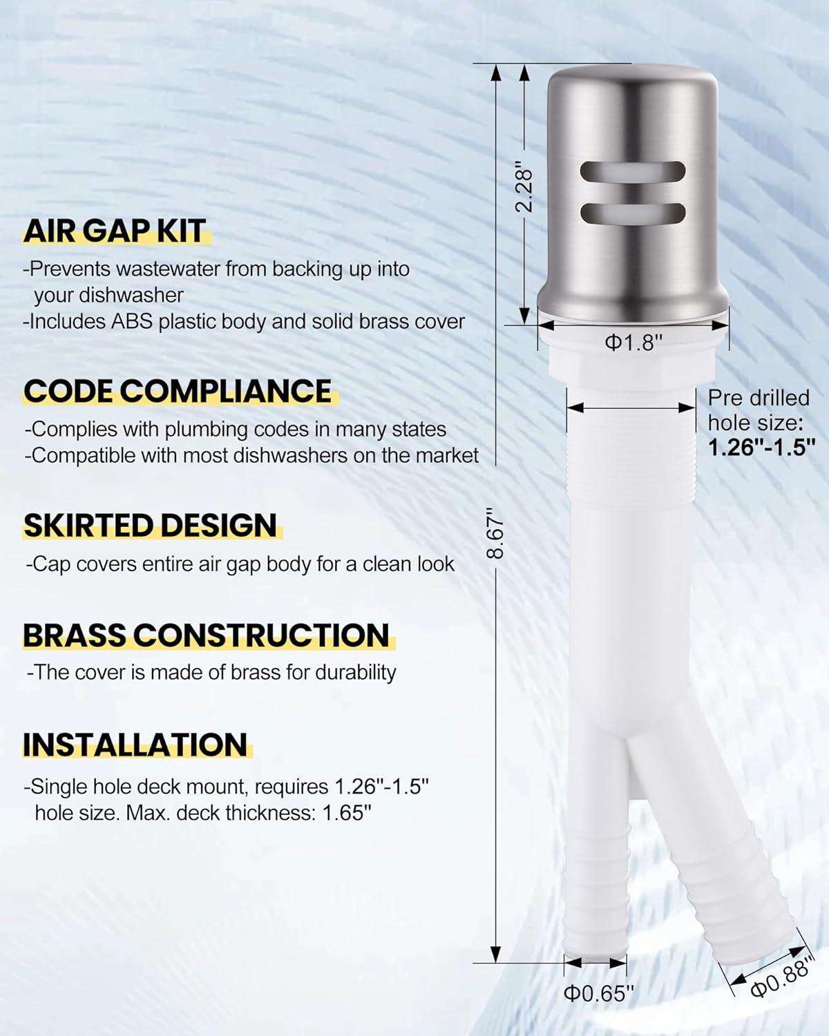Kitchen Faucet with Air Gap: WOWOW Stainless Steel Kitchen Sink Faucet and Dishwasher Air Gap Kits for Kitchen Sink 2 or 4 Hole, Brushed Nickel Finish