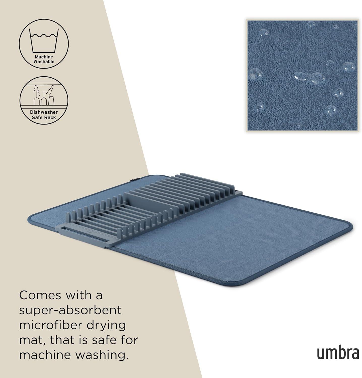 Umbra Udry Dish Drying Rack And Microfiber Dish Drying Mat - Space-Saving Lightweight Design Folds Up For Easy Storage, 24 X 18 Inches