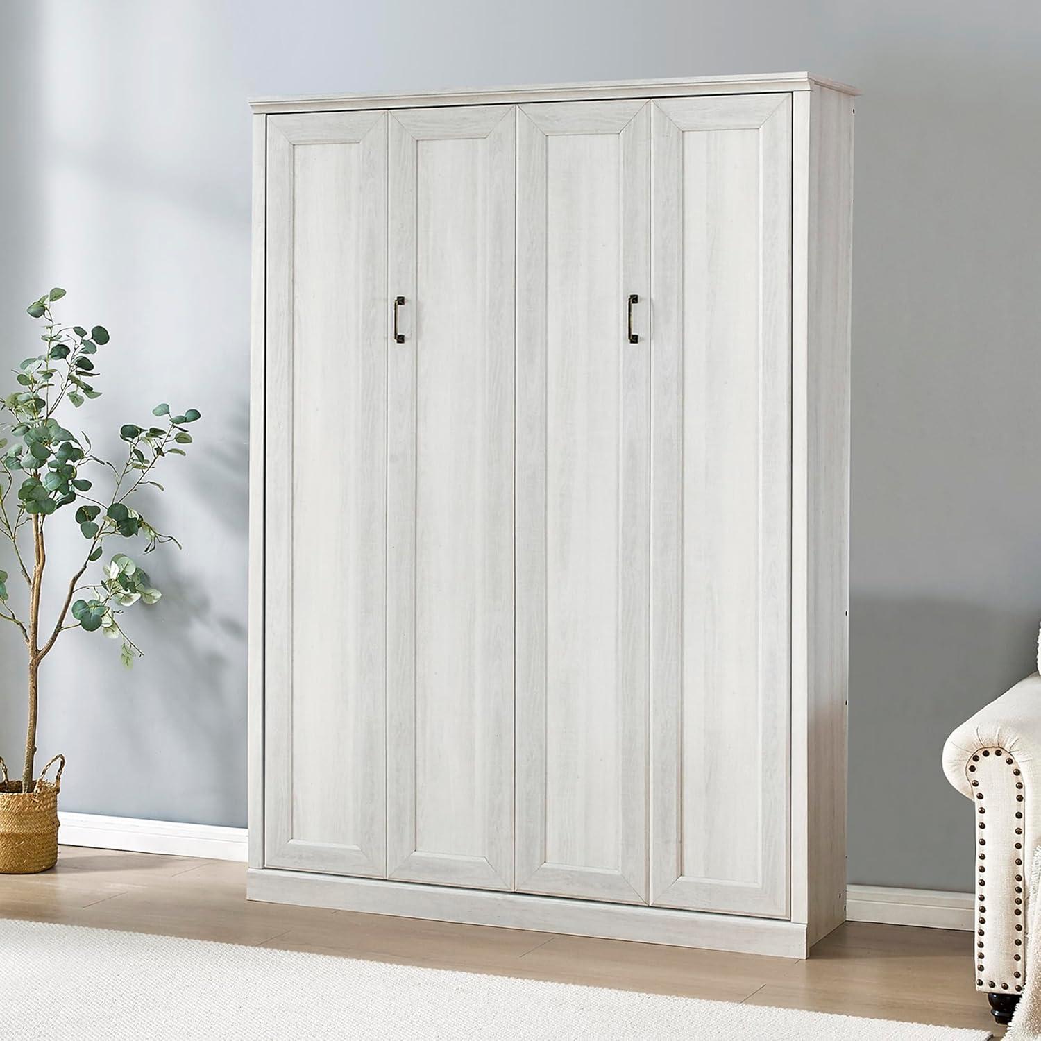 Rustic White Full Size Murphy Bed with Wood Frame and Drawer