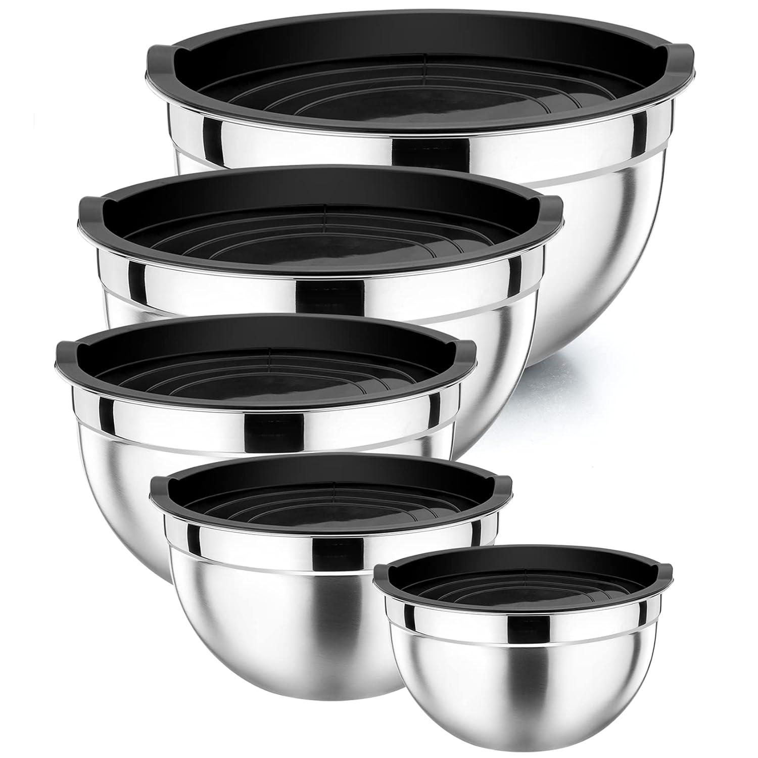 Toledo Bath & Kitchen Stainless Steel Mixing Bowls With Lids, 5-Pack Metal Nesting Bowls With Airtight Covers For Cooking, Baking, Serving, Storage, Non-Toxic & Dishwasher Safe, Size 4.6/3/1.5/1/0.7QT - Khaki