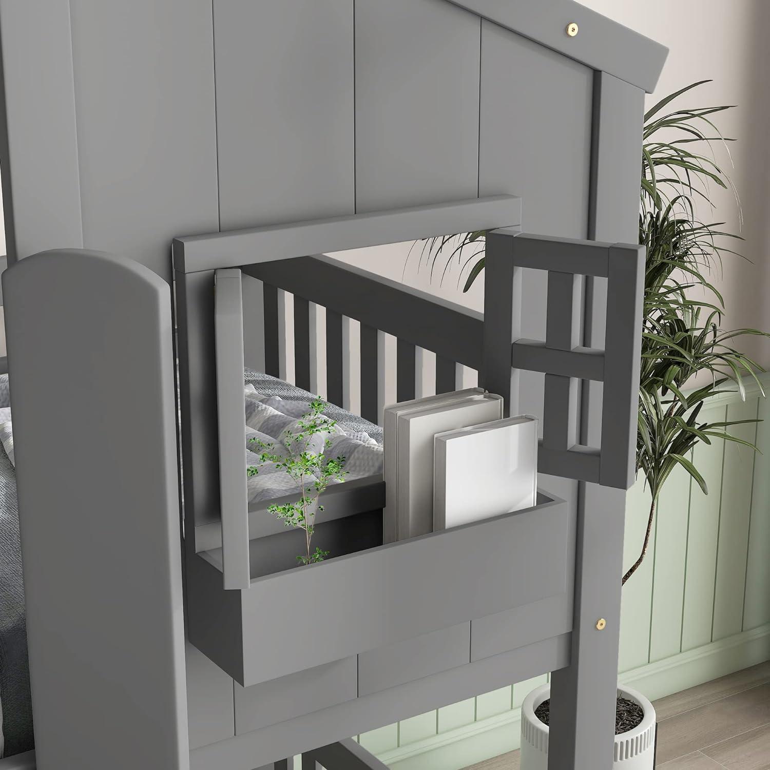 HighSound Twin Over Twin House Bunk Bed Frame with Roof, Window, Ladder and Safety Guardrails for Boys Girls, White & Pink