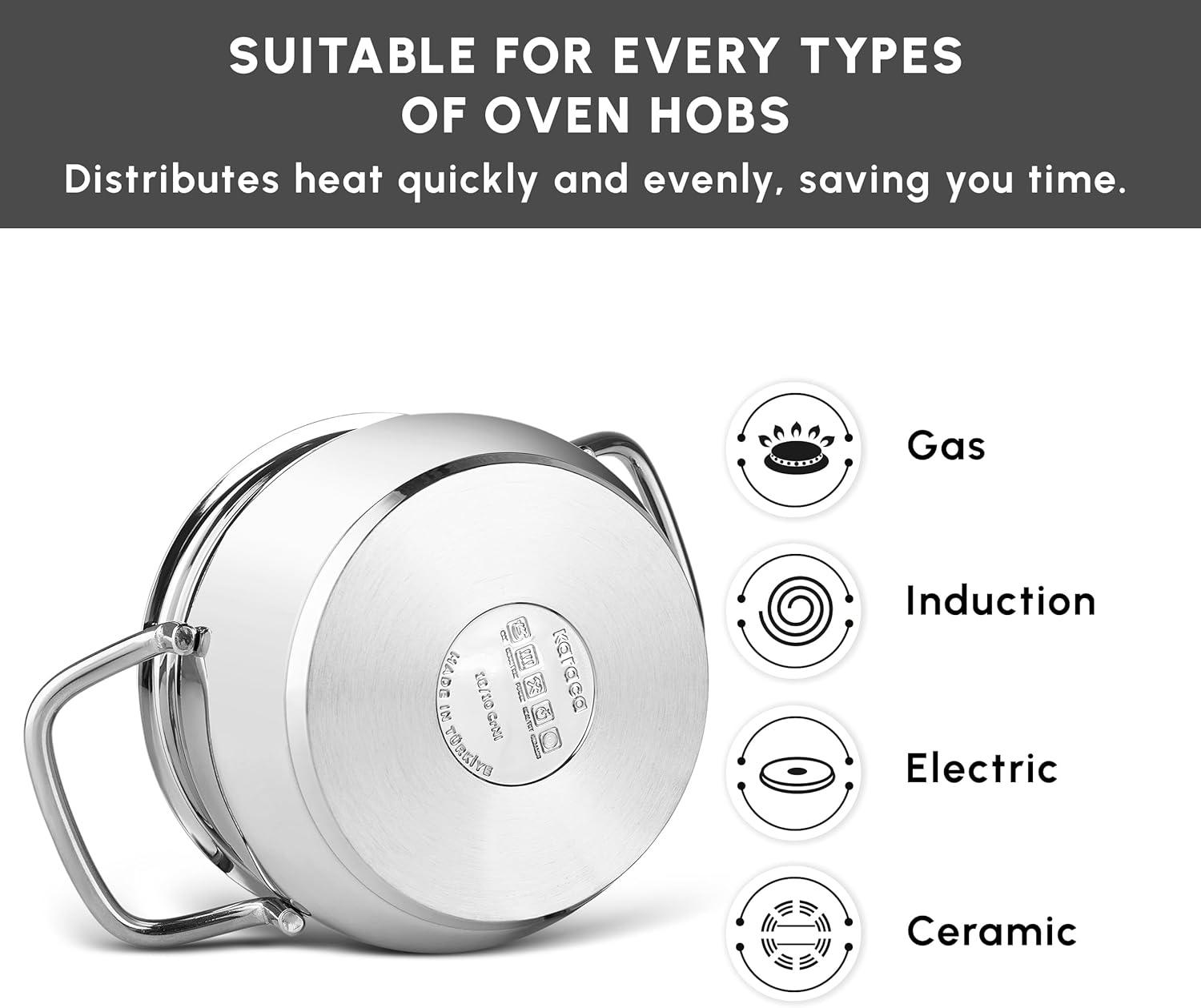 KARACA Stainless Steel Cookware Emirgan XL Set of 10 Piece, Pot, Deep Pot, Casserole, Container with Lid, Easy to Use Stylish Handles, Heat Resistant Cover, Essential Kitchen Accessory