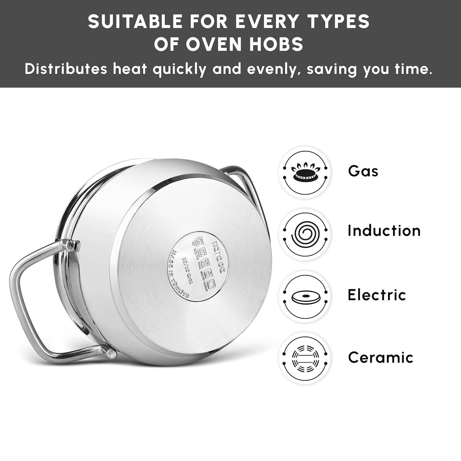 KARACA Stainless Steel Cookware Emirgan XL Set of 10 Piece, Pot, Deep Pot, Casserole, Container with Lid, Easy to Use Stylish Handles, Heat Resistant Cover, Essential Kitchen Accessory