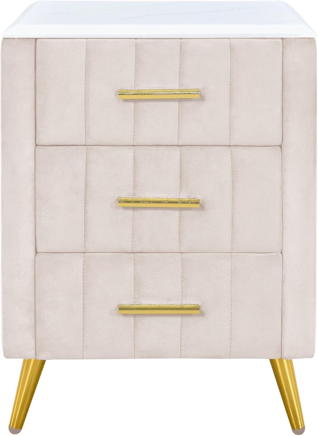 Churanty Upholstered Wooden Nightstand with 3 Drawers and Metal Legs & Handles,Bedside Table with Marbling Worktop,Beige