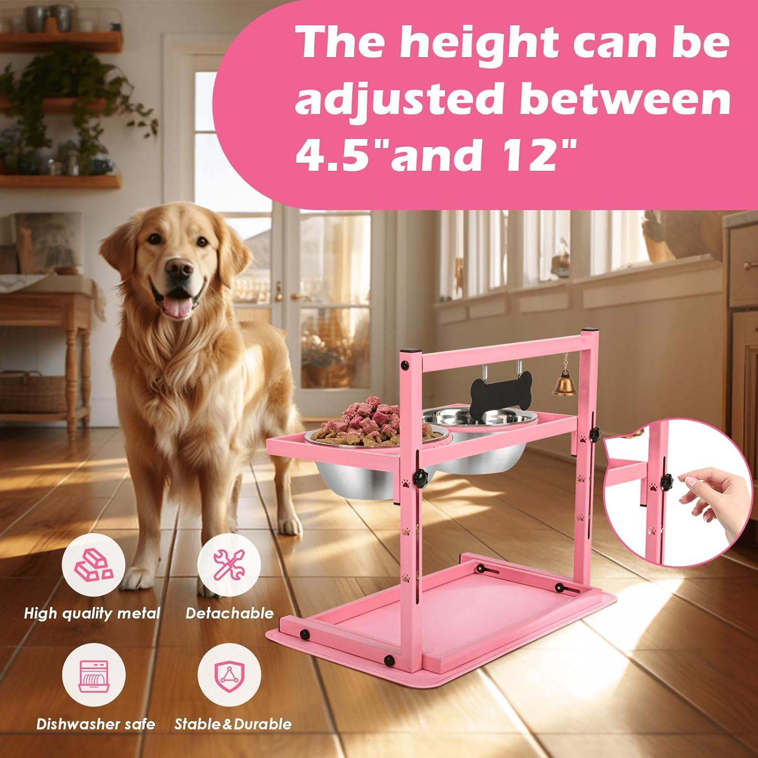 Pink Adjustable Elevated Dog Bowl Stand with Stainless Steel Bowls