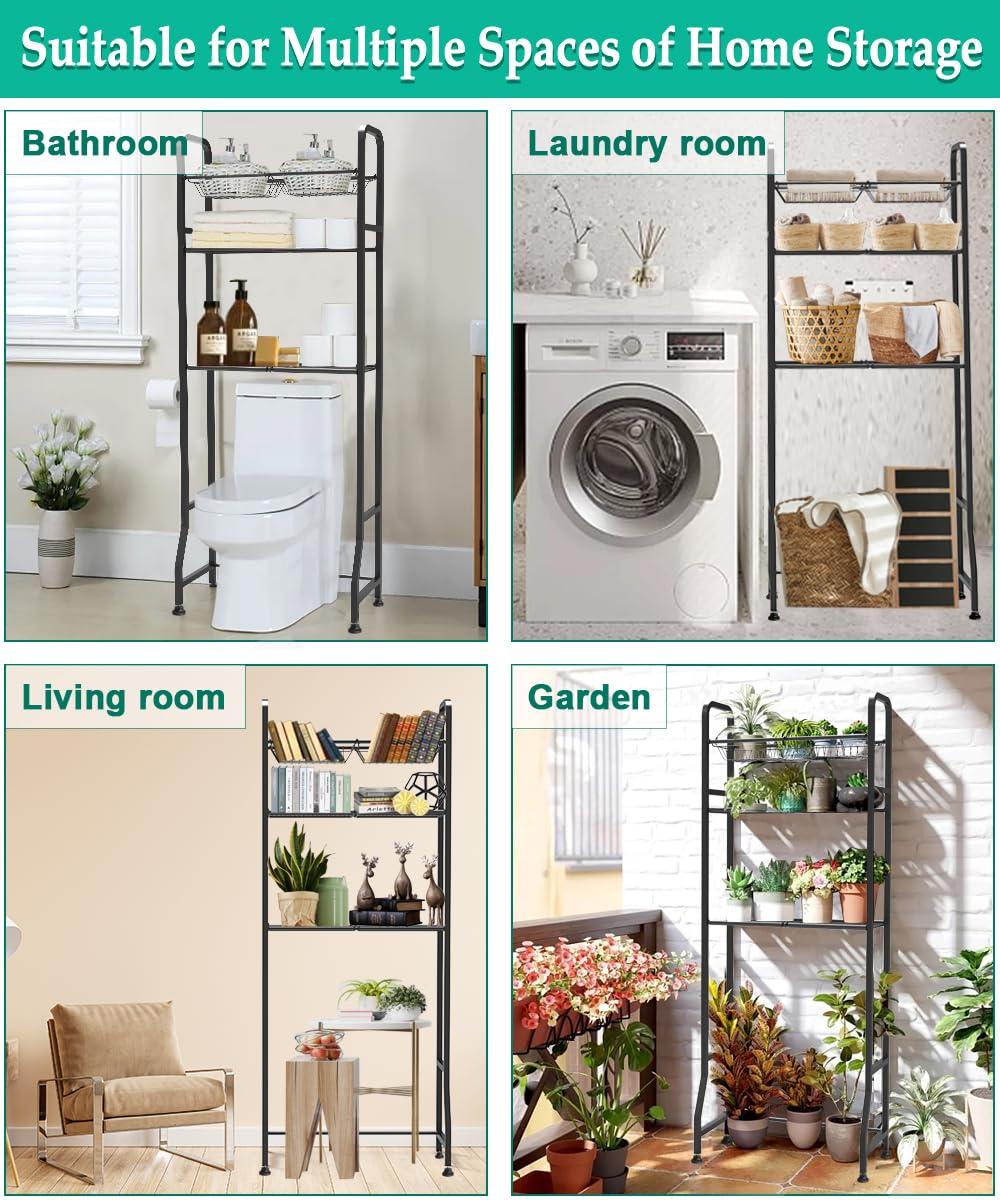 Over The Toilet Storage Shelf For Bathroom, 3-Tier Above Toilet Rack Bathroom Organizer With Adjustable Shelves And Hanging Hooks, Easy To Assemble & Space Saving, White