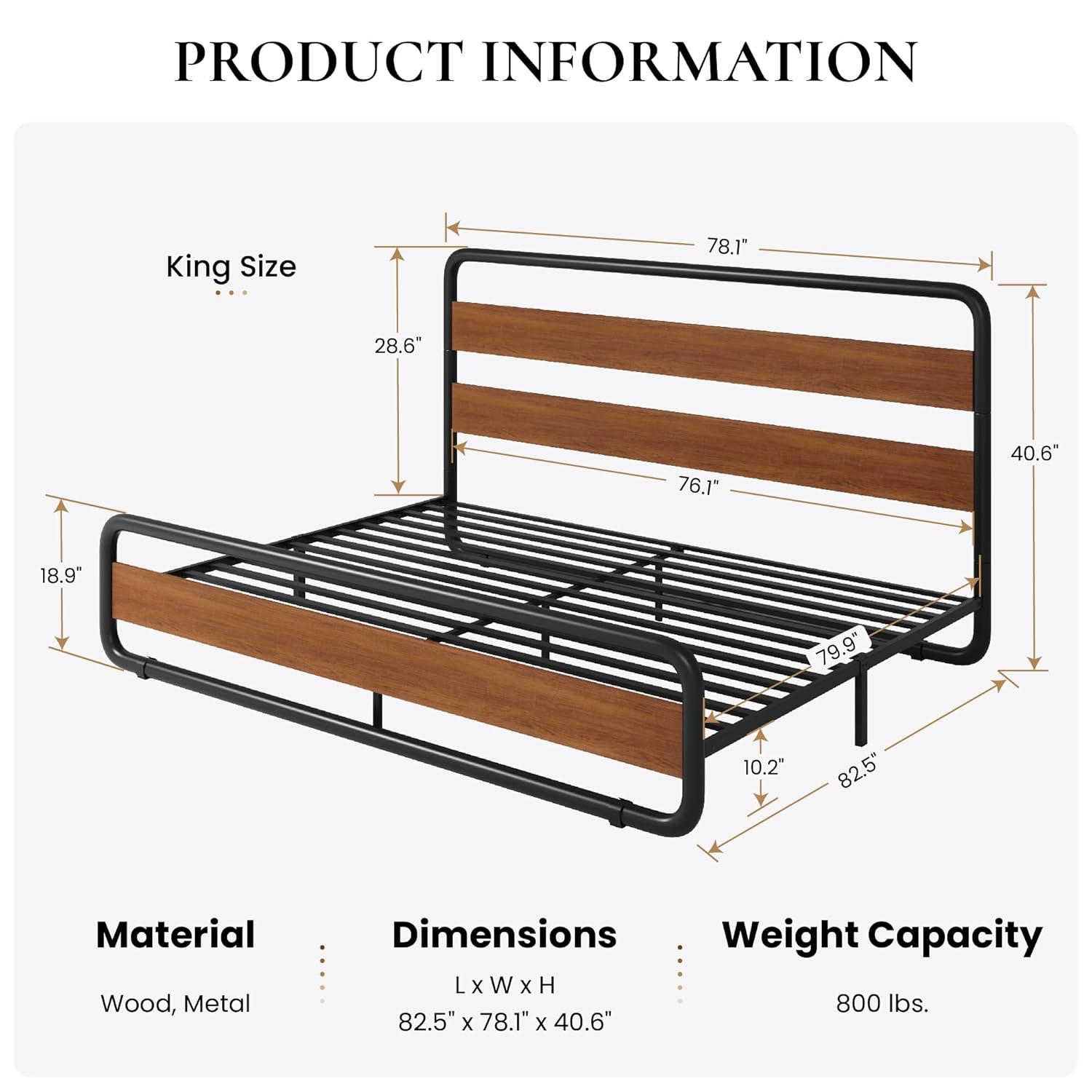Merrland King Bed Frame with Headboard and Footboard,Heavy Duty Metal Platform Bed,No Box Spring Required,Brown