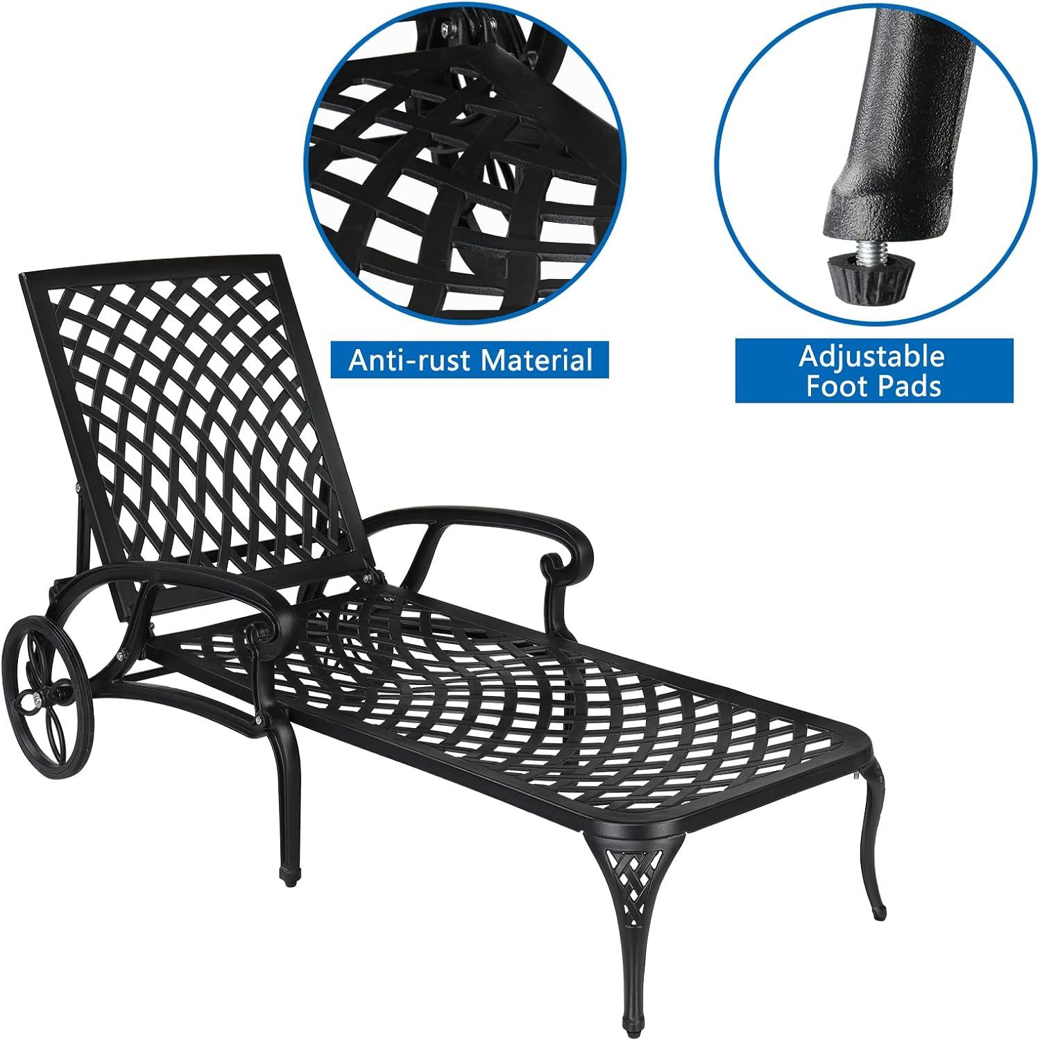 VINGLI Cast Aluminum Outdoor Chaise Lounge Chair with Wheels, Patio Chaise Lounge with 3-Position Adjustable Backrest, Outdoor Tanning Chair Patio Lounge Chair (Black, Without Cushion)