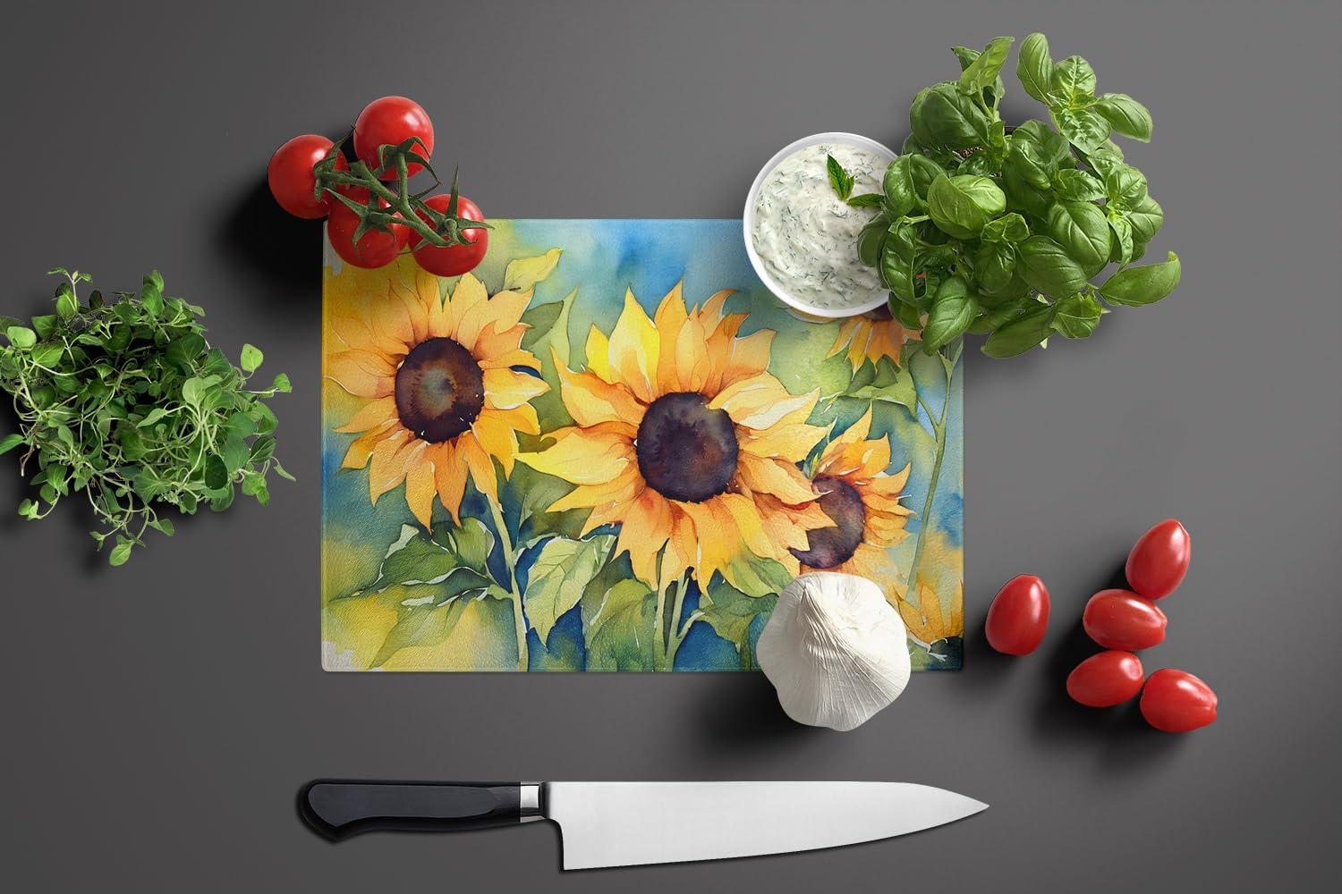 Sunflowers in Watercolor Glass Cutting Board Large