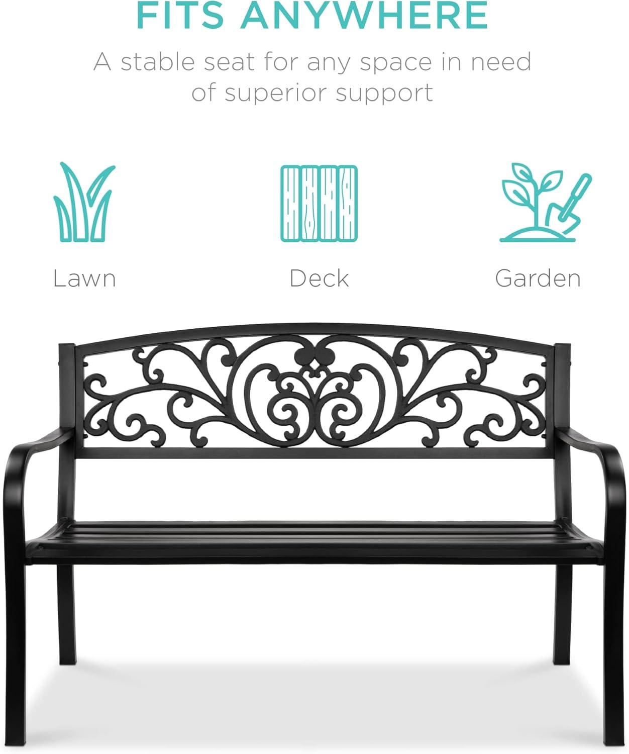 Best Choice Products Outdoor Steel Bench Garden Patio Porch Furniture w/ Floral Design Backrest, Slatted Seat