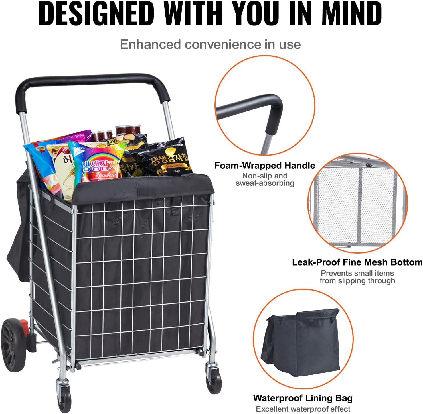 Silver Heavy Duty Folding Shopping Cart with Black Bag