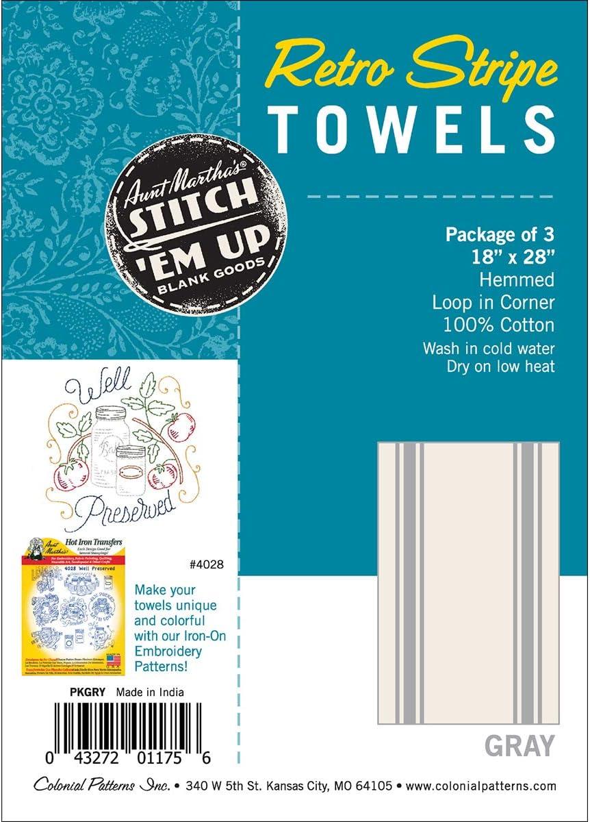 Aunt Martha's Stitch 'Em Up Retro Stripe Towels 18"X28" 3/Pk-Gray Stripe