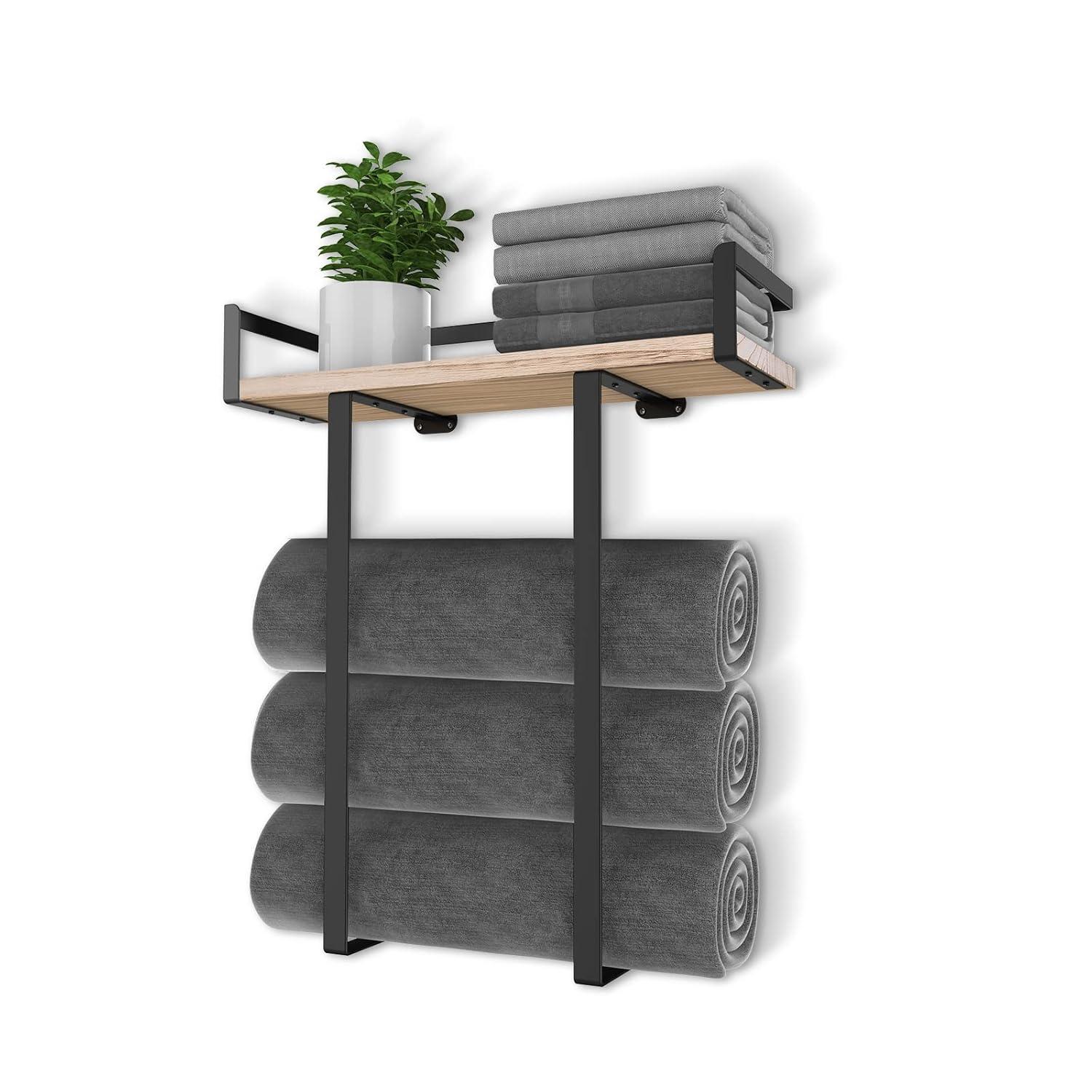 Towel Racks For Bathroom Wall Mounted, Xstydes Metal Towel Holder With Wooden Shelf For Folding Large Towels, Towel Storage For Small Bathroom Organizer Decor Or RV Camping