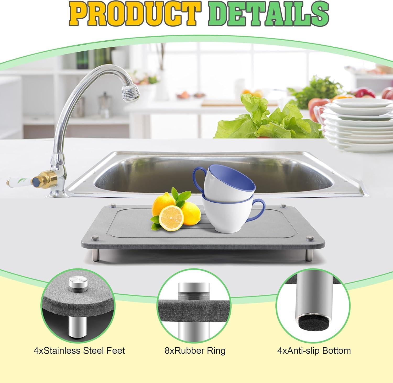 CSD Quick Drying Stone Mat for Kitchen Counter - Super Absorbent & Non Slip Dish Drying Mats - Diatomaceous Earth Sink Tray Mat - Drying Pad - 15.7 × 11.8 Inches