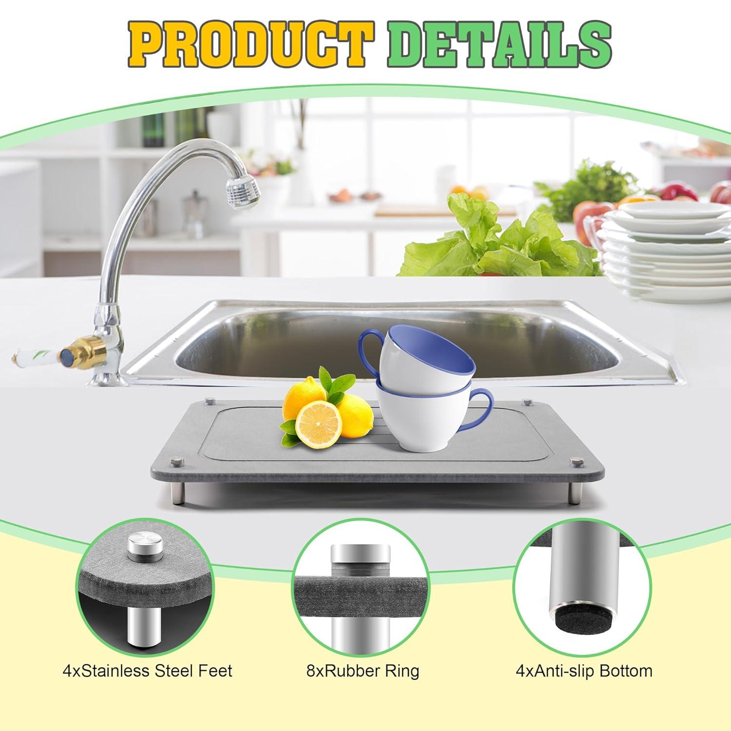 CSD Quick Drying Stone Mat for Kitchen Counter - Super Absorbent & Non Slip Dish Drying Mats - Diatomaceous Earth Sink Tray Mat - Drying Pad - 15.7 × 11.8 Inches