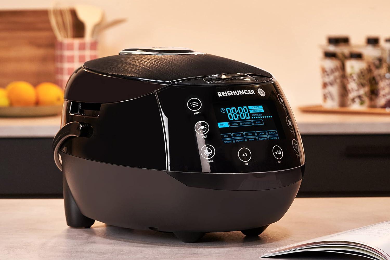 Reishunger Digital Rice Cooker and Steamer, Black, Timer - 8 Cups - Premium Inner Pot, Multi Cooker with 12 Programs & 7-Phase Technology for Brown Rice, Soups, Grains, Oatmeal & more - 1-8 People