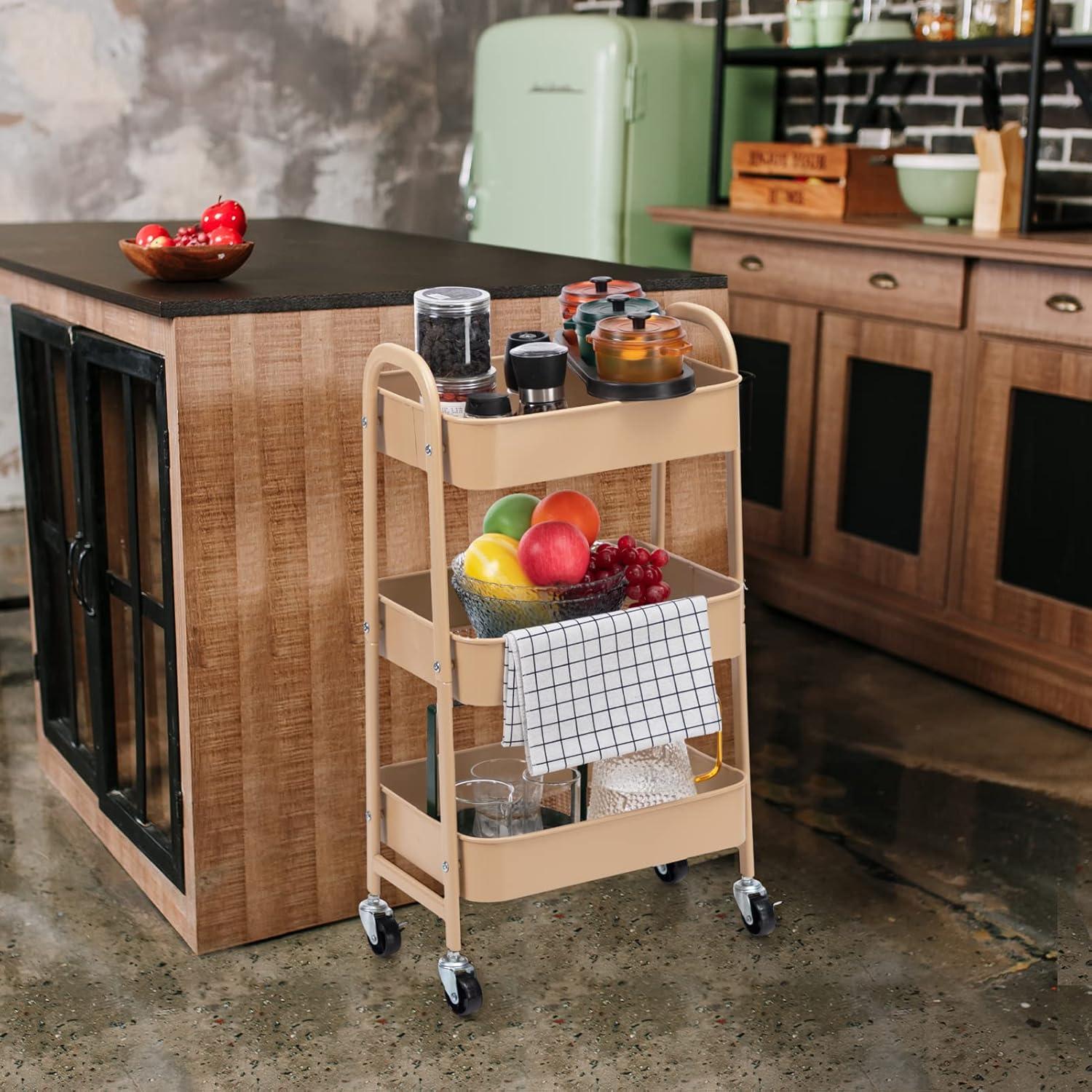 ZUNMOS 3 Tier Utility Rolling Cart, Metal Mobile Storage Cart with Lockable Caster Wheels, Storage Shelves Organizer Cart for Livingroom, Bathroom, Kitchen, & Narrow Places, White