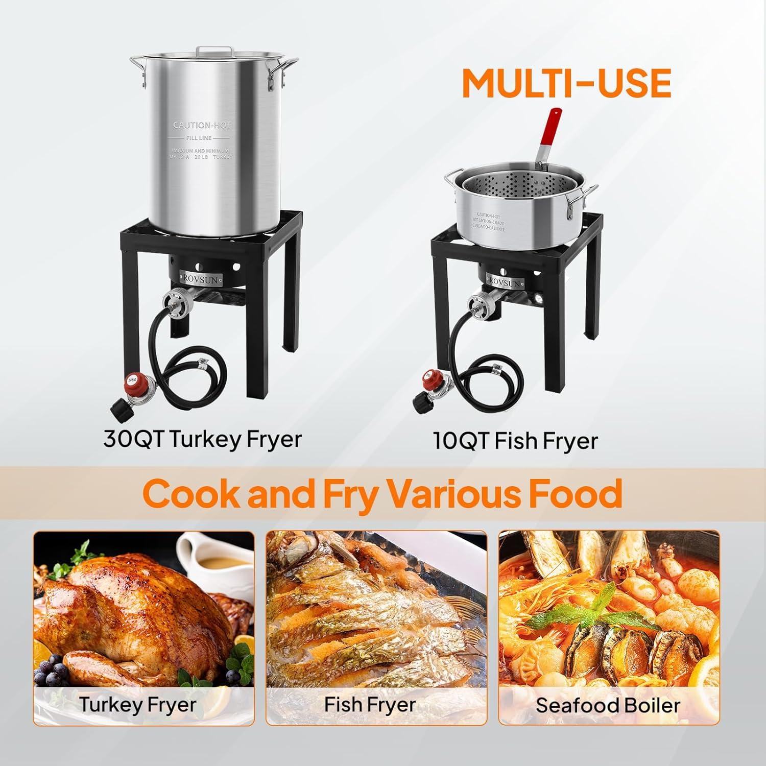 ROVSUN 30QT Turkey Fryer & 10QT Fish Fryer Kit w/ 55,000BTU Propane Stove, Aluminum Outdoor Deep Fryer & Seafood Boiler Steamer w/Baskets, Thermometer, Marinade Injector, Turkey Rack & Rack Lifter