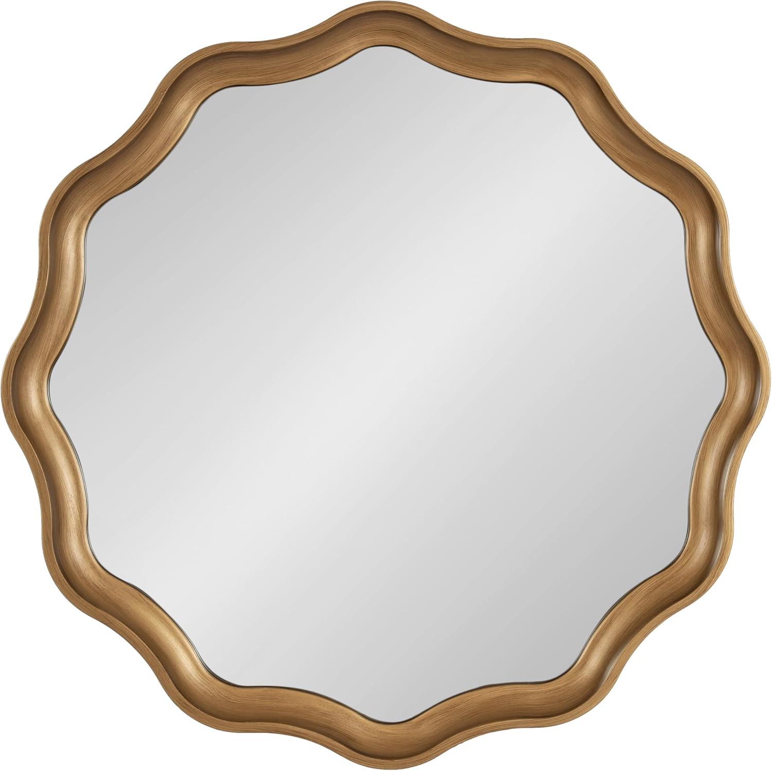 Kate and Laurel Hatherleigh Transitional Round Wooden Wall Mirror, 28 Inch Diameter, Gold, Modern Scalloped Wavy Wood Circle Mirror for Use in Bathroom, Entryway, or Bedroom