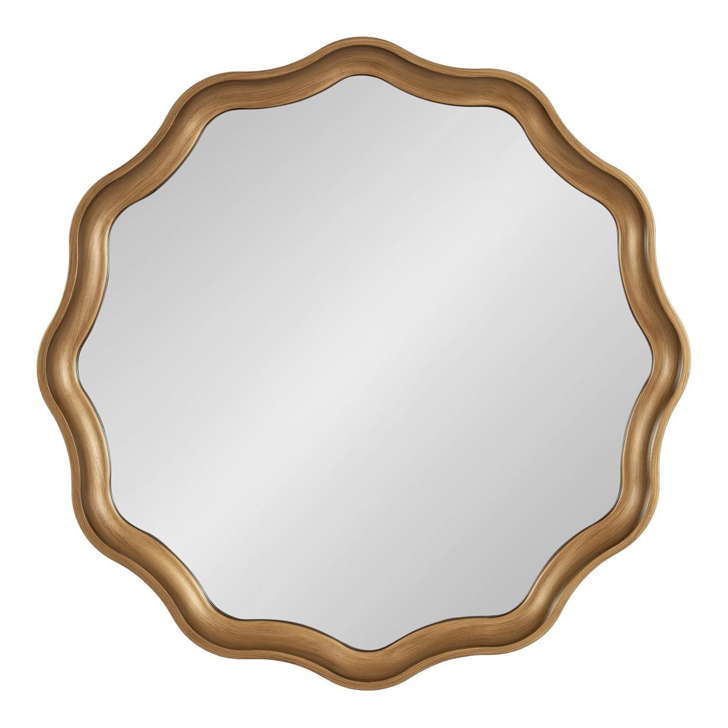Kate and Laurel Hatherleigh Transitional Round Wooden Wall Mirror, 28 Inch Diameter, Gold, Modern Scalloped Wavy Wood Circle Mirror for Use in Bathroom, Entryway, or Bedroom