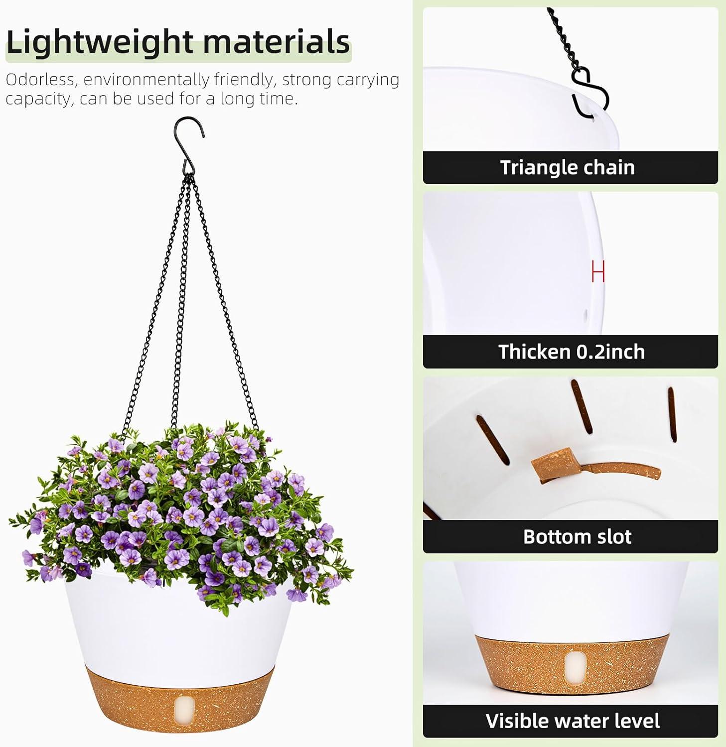 2 Pack 10 inch White Plastic Hanging Planters with 3 Hooks,Hanging Plant Pot Basket with Drainage Hole for Garden Home