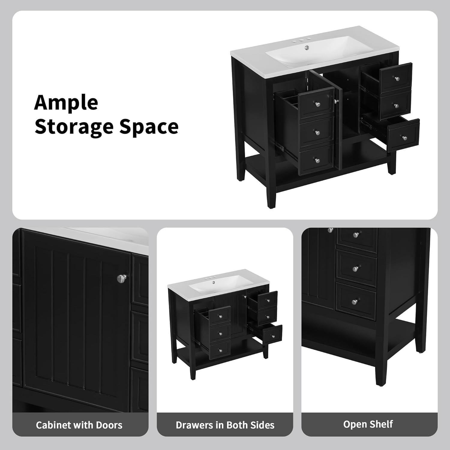 36" Bathroom Cabinet Vanity with Sink Combo, Bathroom Storage Cabinet with 3 Drawers and Two Doors, Solid Wood Frame and MDF Board (Black)