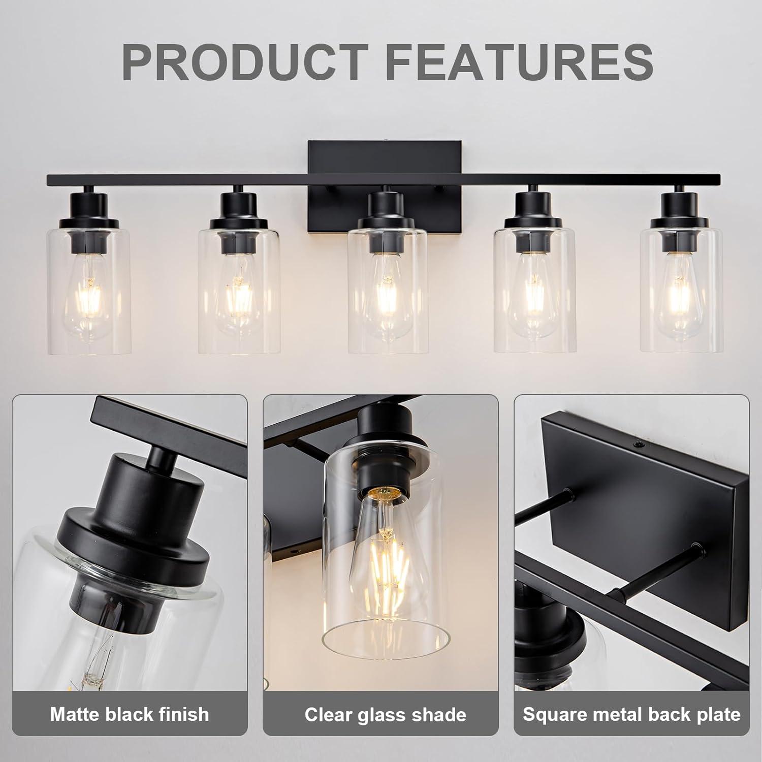 Matte Black 5-Light Bathroom Vanity Fixture with Glass Shades