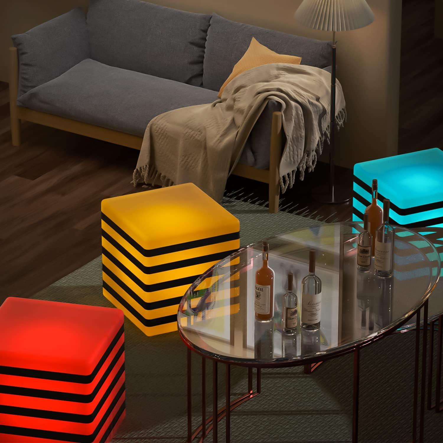 MoNiBloom 16" LED Striped Cube Light Bar Stool, Rechargeable 16 Color Changing LED Barstool Seat with Remote