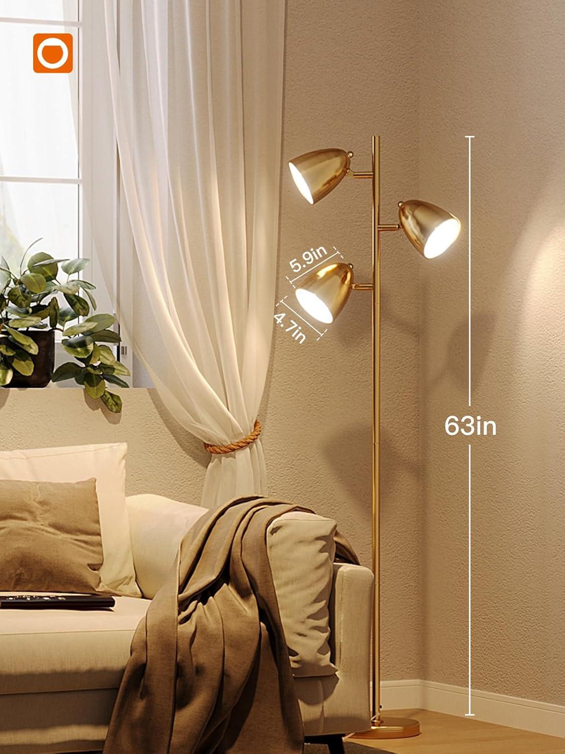 Brightech Jacob 64" Modern 3-Light Adjustable LED Floor Lamp with Gold Brass Finish and Metal Cone Shades, Bulbs Included
