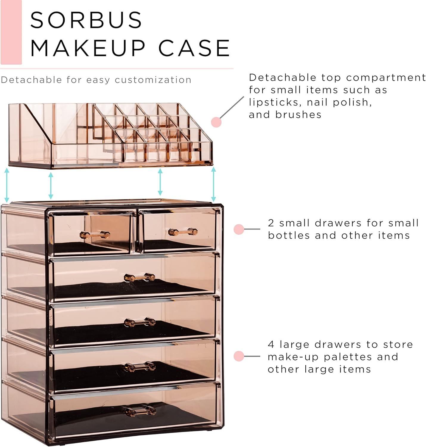 Sorbus Clear Makeup & Jewelry Organizer & Display (4 Large, 2 Small Drawers) Brown
