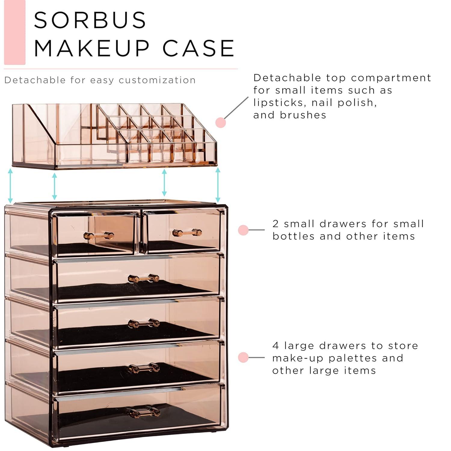 Sorbus Clear Makeup & Jewelry Organizer & Display (4 Large, 2 Small Drawers) Brown