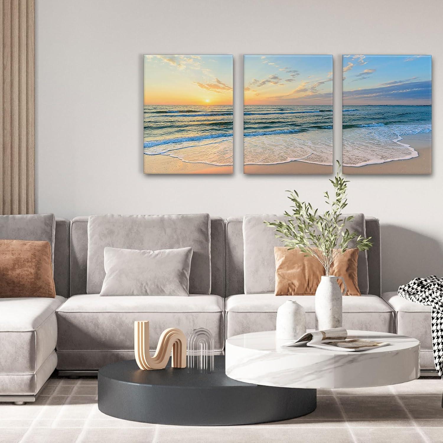 Asdg12s-3 Panel Wall Art Blue Sea Sunset White Beach Painting The Picture Print On Canvas Seascape The Pictures for Home Decor Decoration,Ready to Hang