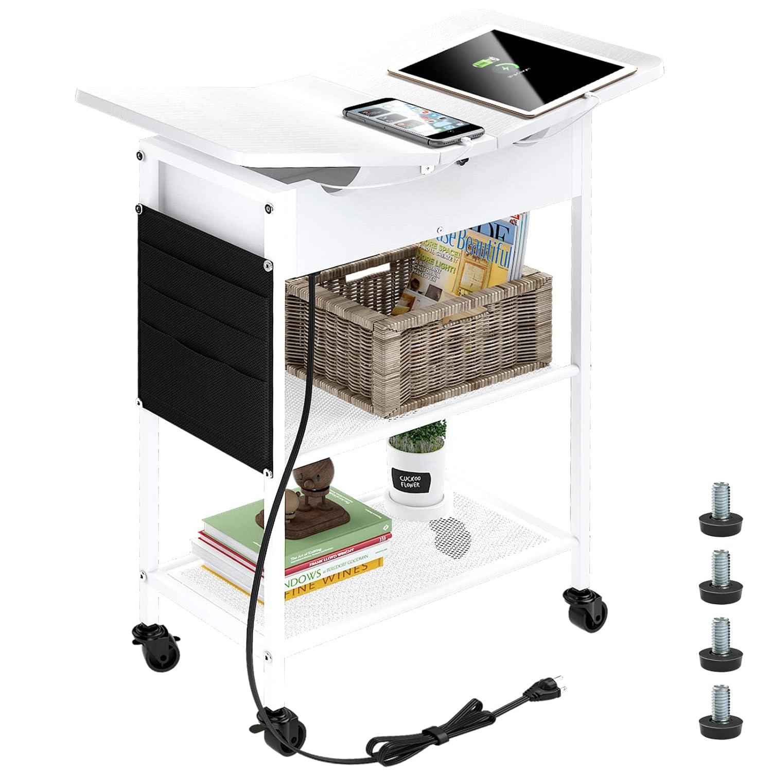 Slim Side Table With Wheels, USB Ports And Outlets, Rolling Narrow End Table With Charging Station And Bag, Flip Top Nightstand With Hidden Storage Shelves For Living Room Bedroom Small Spaces