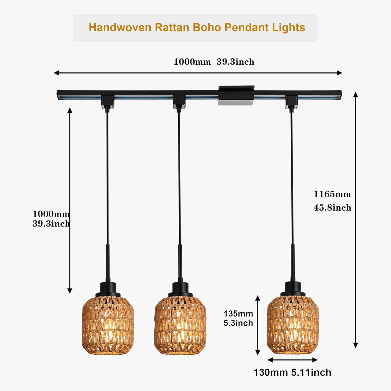 3-Pack H Type Track Lighting Pendants, Ceiling Track Hanging Light Fixture with Hand-Woven Rattan Shade, H-Type Tracking Boho Pendant Lighting Fixtures for Kitchen Island Dining Room, E26 Base