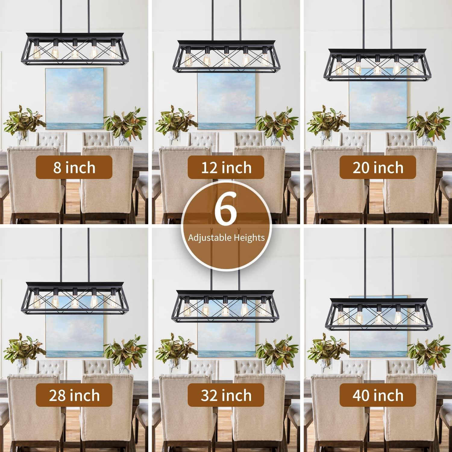 5-Light Farmhouse Chandeliers For Dining Room, Metal Rustic Pendant Island Light Fixture, Modern Rectangular Island Lights For Kitchen, Living Room Pure Black(No Bulbs)