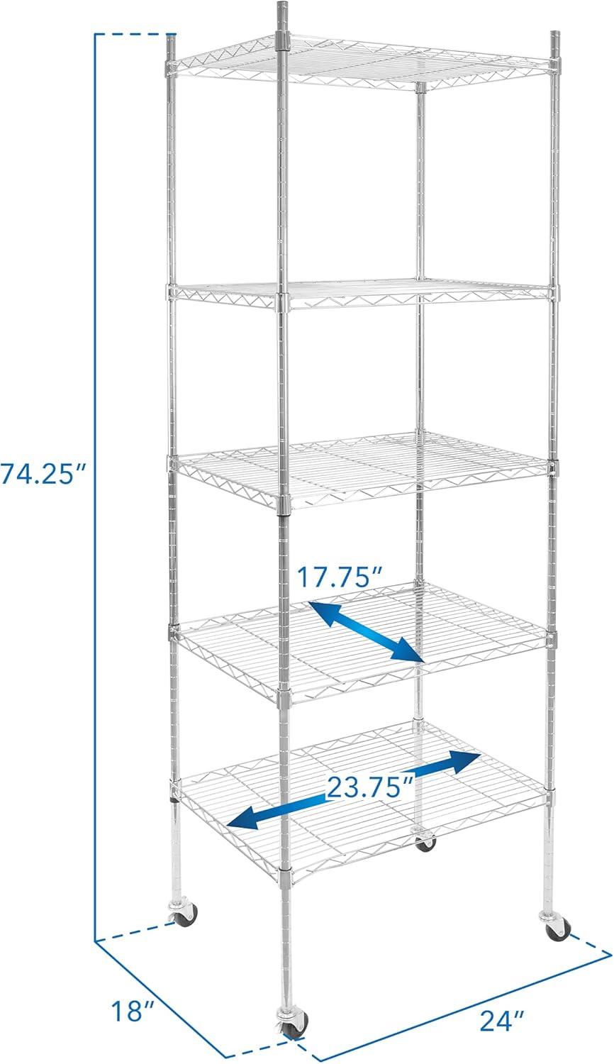 Mount-It! Height Adjustable 5 Tier Wire Shelving with Rolling Wheels | Closet Metal Racks Shelves