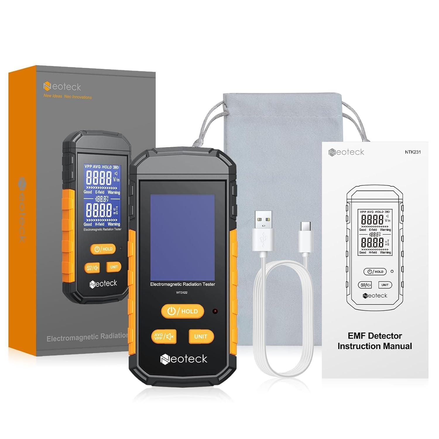 Neoteck 3-in-1 EMF Meter Rechargeable Electromagnetic Radiation Detector for EF MF and Temperature LCD Backlit Audible Alarm 1~1999V/m Electric Field 0.01~99.99ut Magnetic Field(RF Not Included)