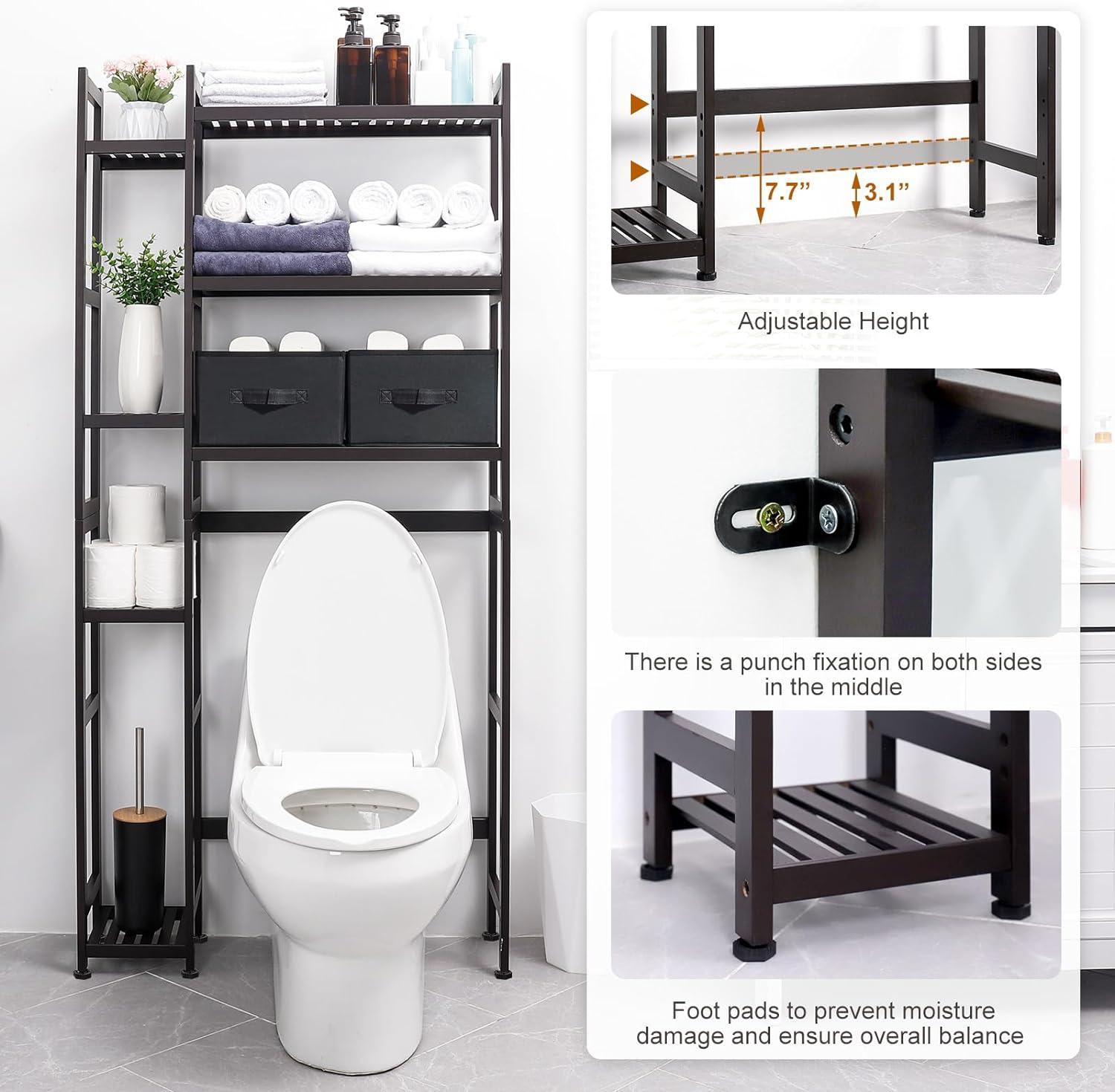 Over The Toilet Storage with Basket and Drawer, with Adjustable Shelf & Waterproof Feet Pad