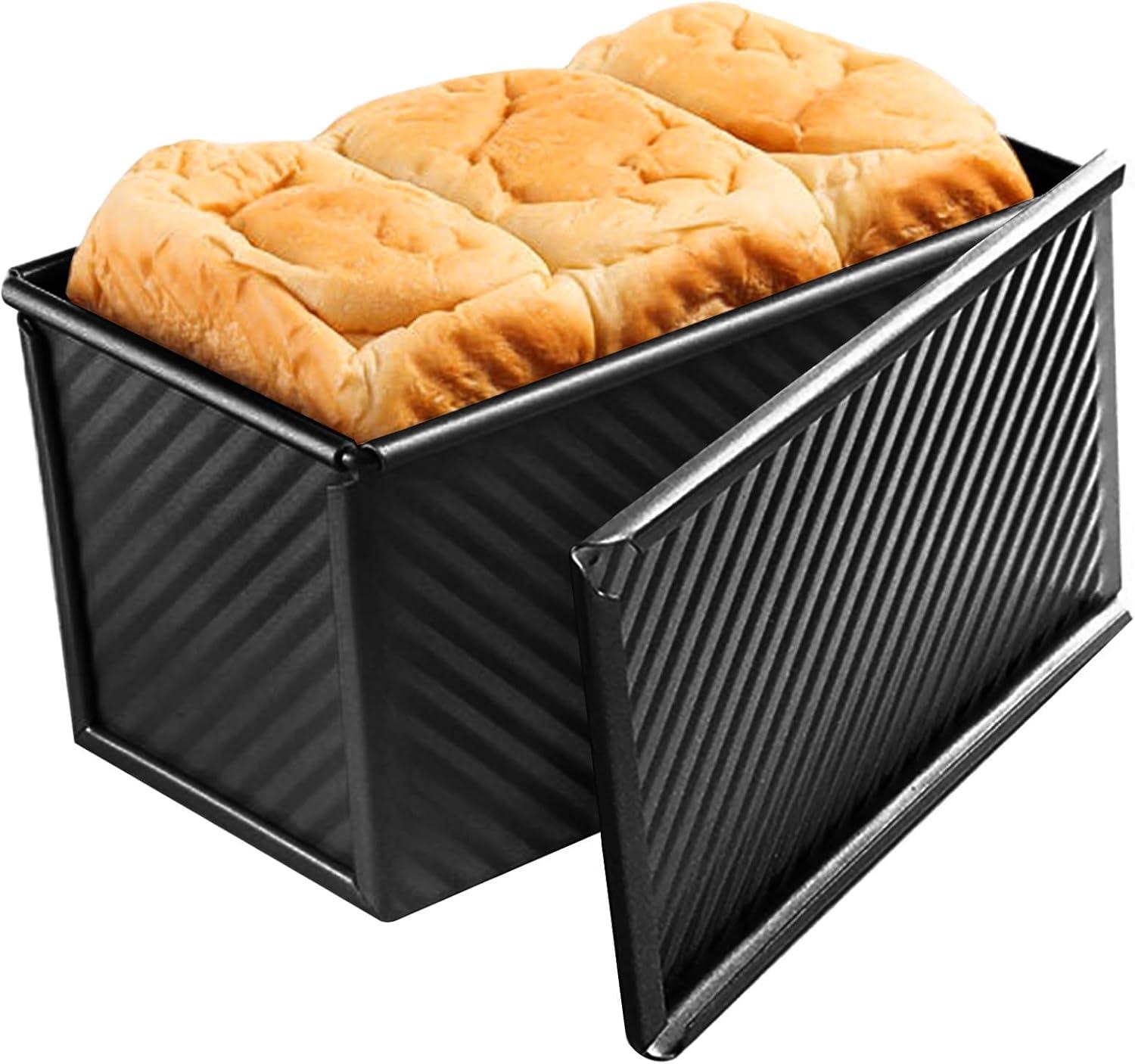 Black Pullman Loaf Pan with Lid, 1 lb Dough Capacity, Nonstick Bread Toast Mold with Cover, Carbon Steel Corrugated Bread Mould Bakeware