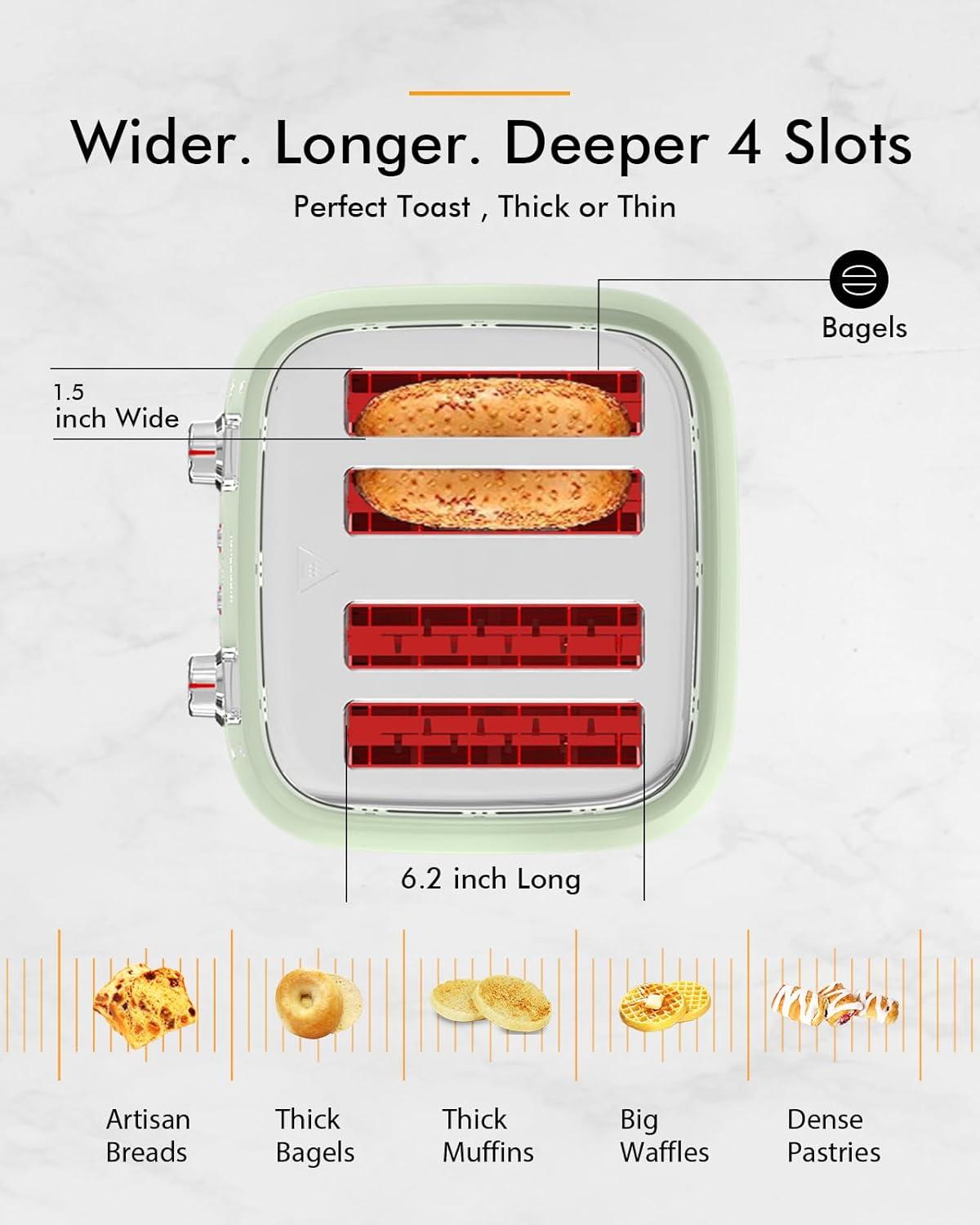 LONGDEEM 4 Slice Toaster, Extra Wide Slots, Longdeem Retro Stainless Steel Toasters, 6 Browning Options, Auto Shut Off & Frozen Function, Toast Fruit Bread, Bagel & Waffle