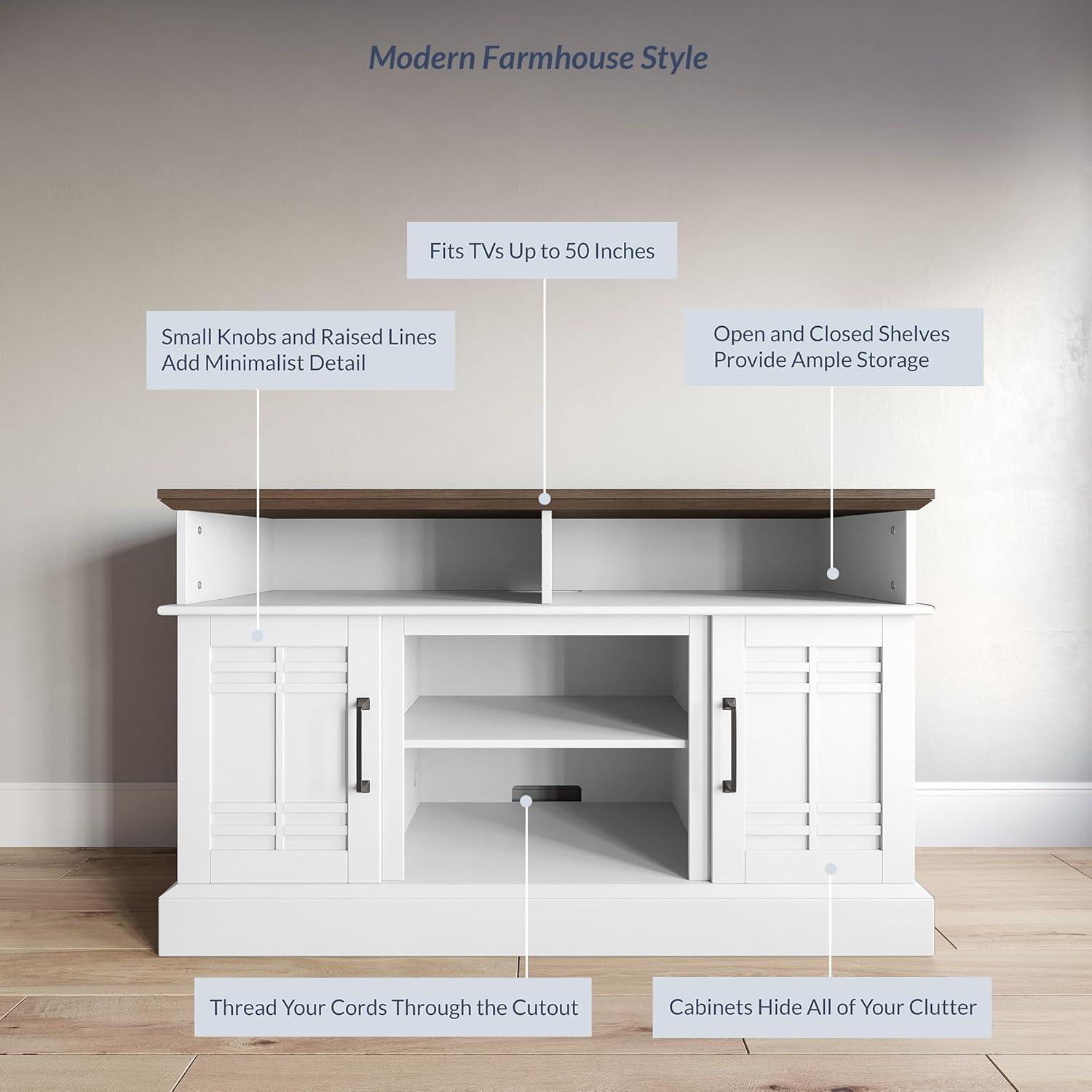 White Farmhouse Wood TV Stand with Open Storage Shelves