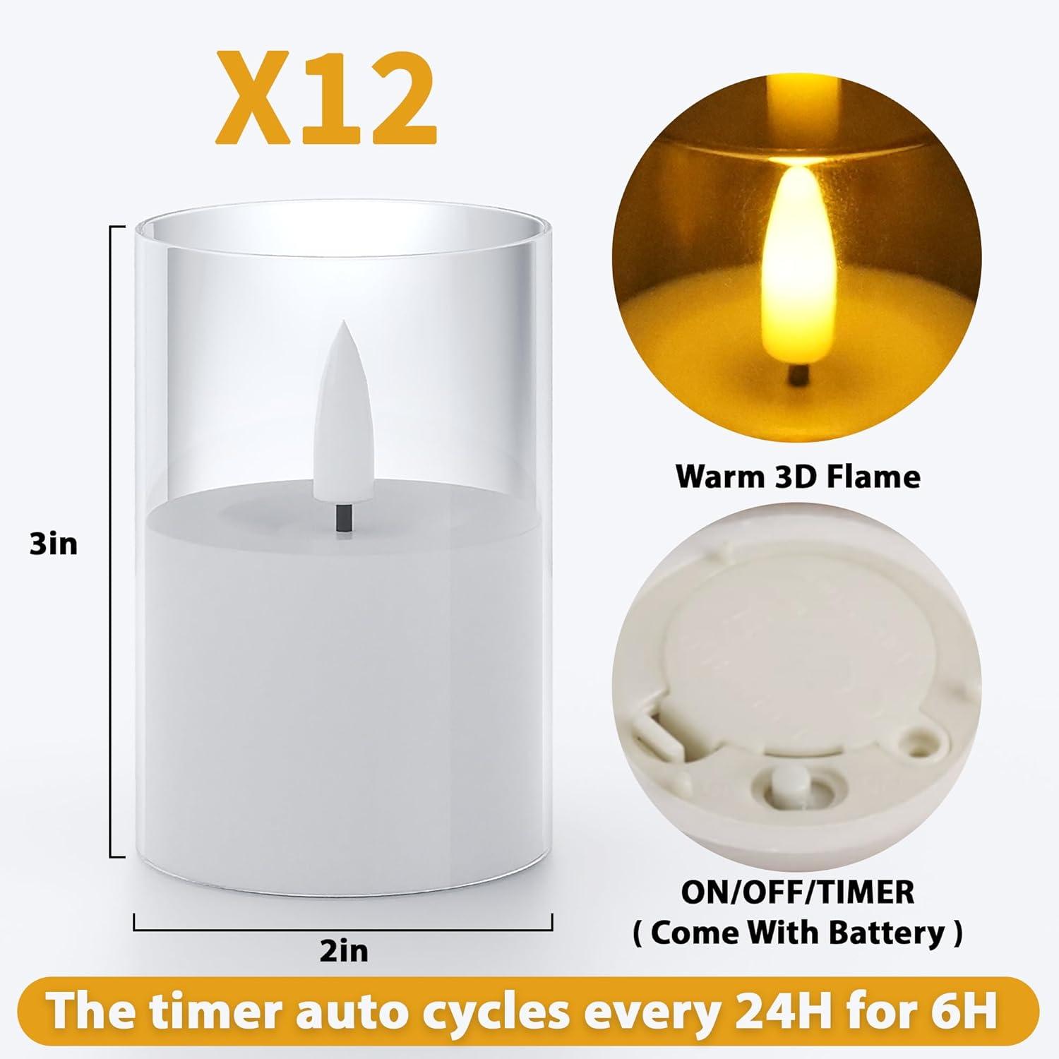 12Pack Flickering Flameless LED Candles with Timer, Battery Powered - Small Pillar & Votive, Clear (2"X3")