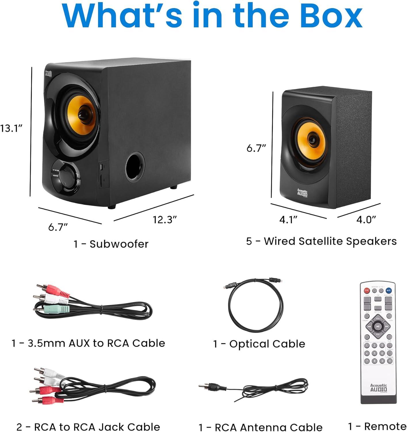 Acoustic Audio 5.1 Channel Black Bluetooth Speaker System with Subwoofer