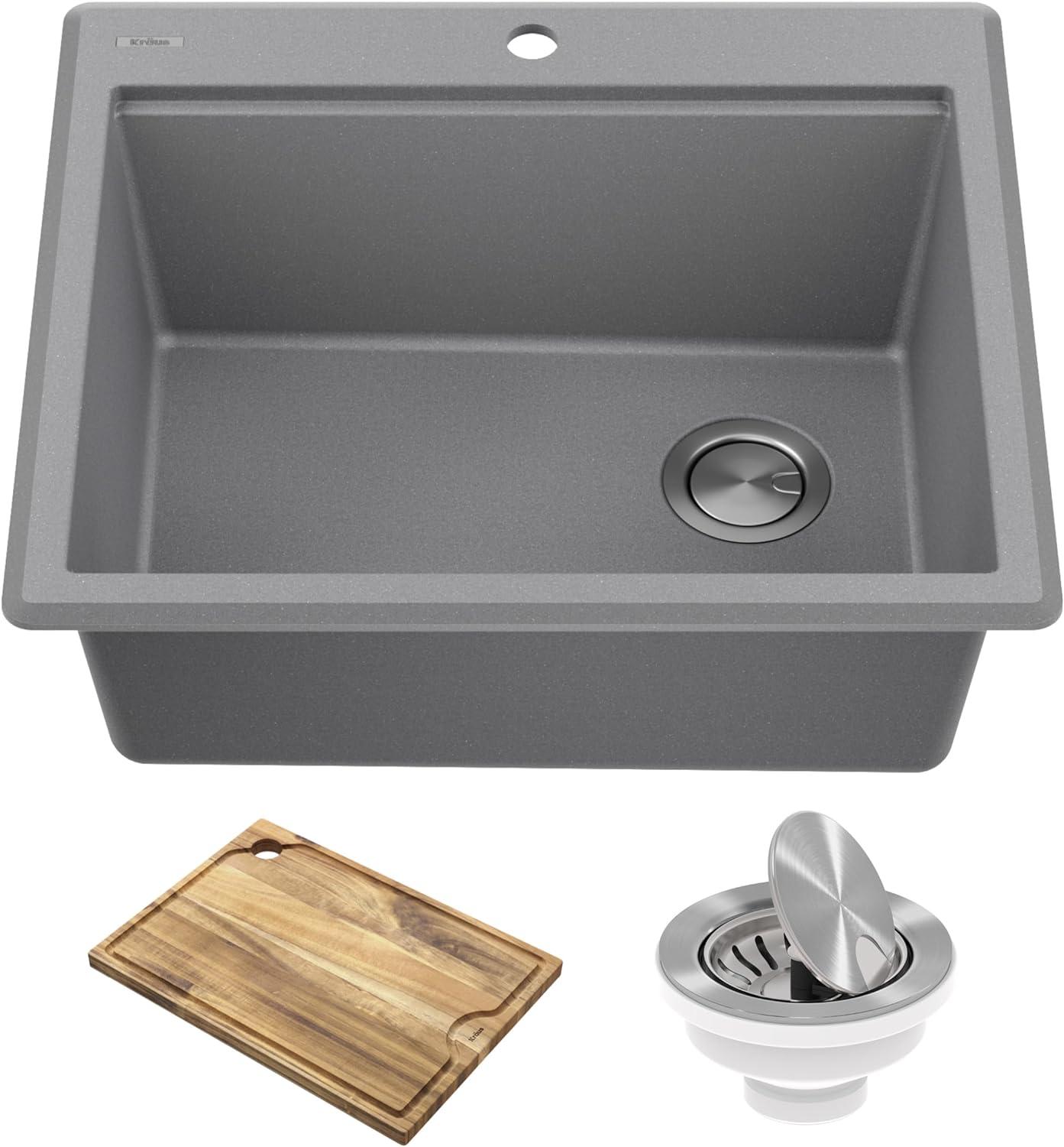 Kraus KGTW12-25MGR KRAUS Bellucci Granite Composite Workstation Drop-In Top Mount Single Bowl Kitchen Sink with Accessories