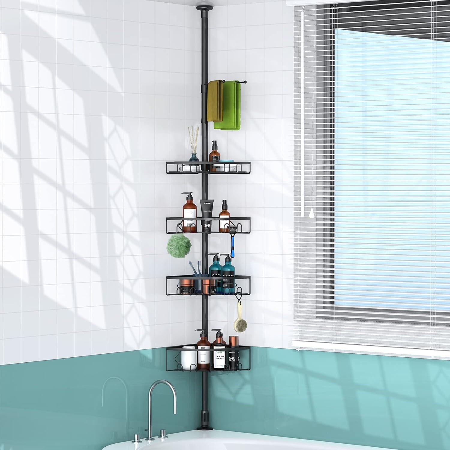 Corner Shower Caddy Tension Pole, 4 Tier Shower Basket Shelves, 53-120 inch Adjustable Height Shower Storage Rack, Bathroom Bathtub Shampoo Holder Organizer Shower Accessories (Black)