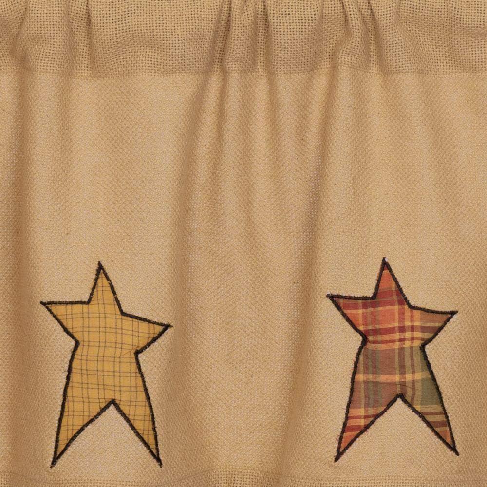 VHC Brands Stratton Primitive 16"x72" Stars Valance Tan Rod Pocket Appliqued Cotton Burlap Kitchen Window Curtains
